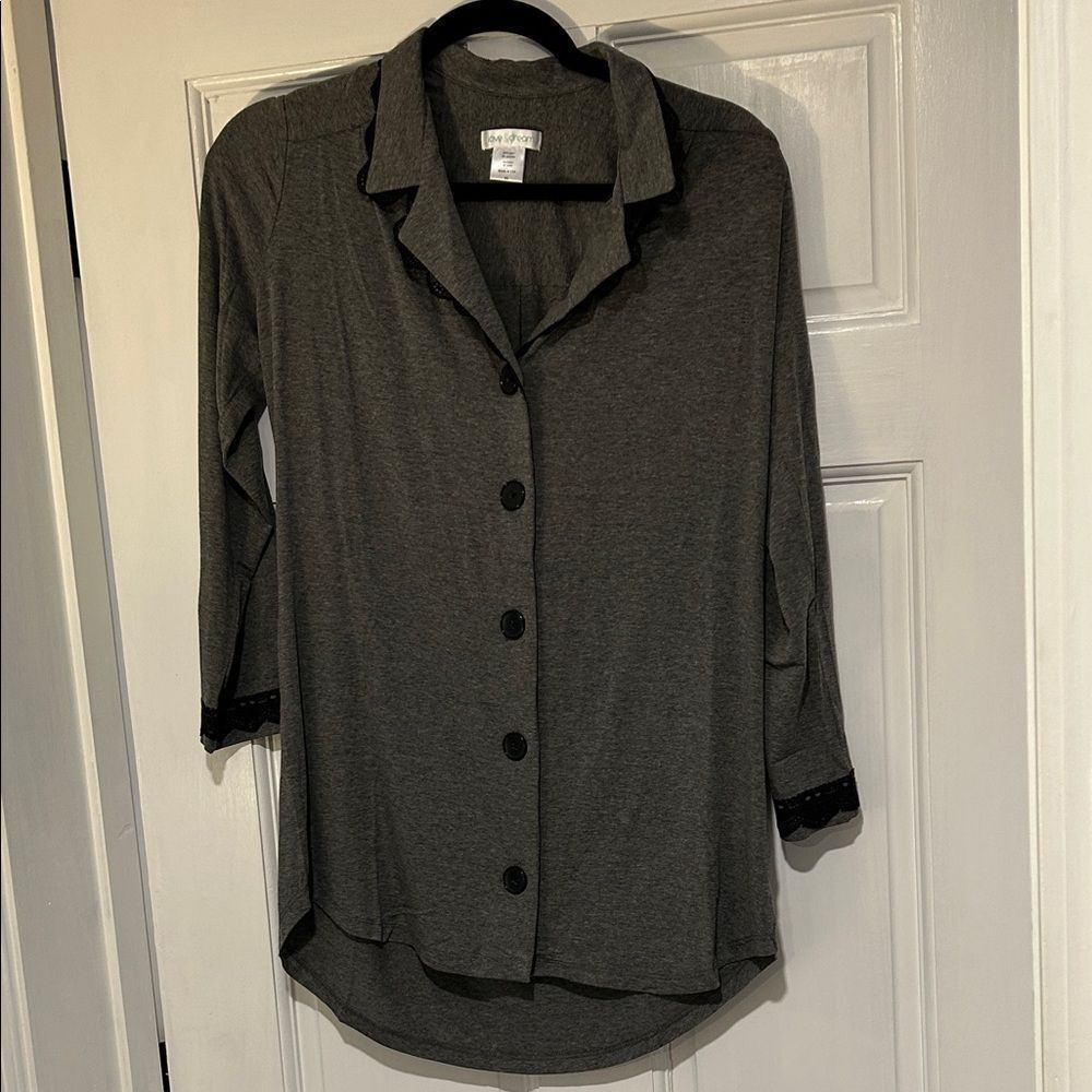 Love & Dream Gray Buttondown Nightgown Gray with Black Lace NWT